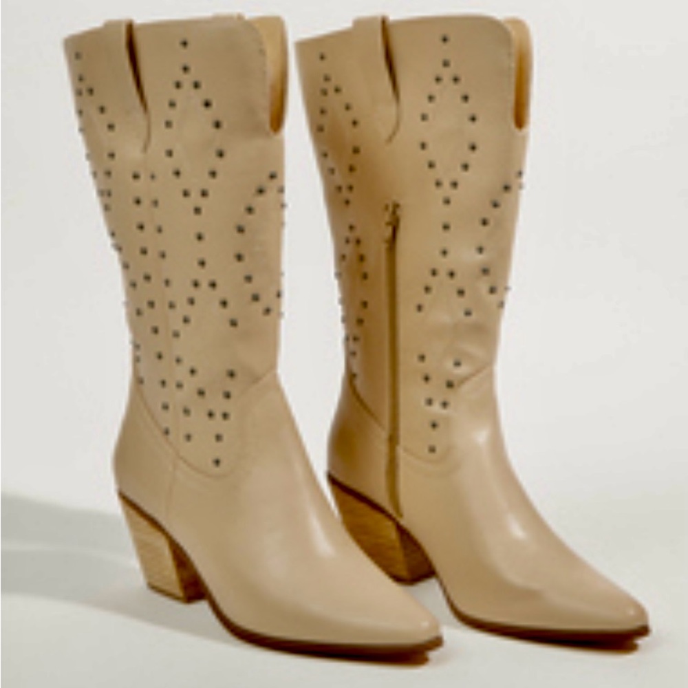 Beige Studded Women's Wide Calf Cowboy Boots -Arula